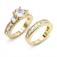 Gold Plated 2pcs Wedding and Engagement Rings with CZ