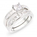 Rhodium Plated 2pcs Wedding and Engagement Rings with CZ