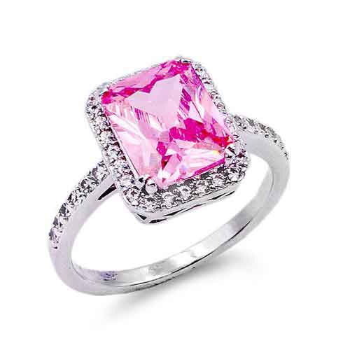 Rhodium Plated With Pink Radiant Cut CZ Engagement Rings