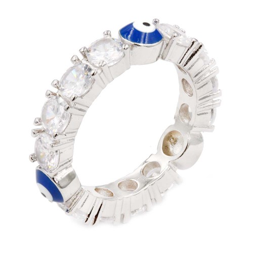Rhodium Plated Eternity Evil Eye Ring with 4mm CZ