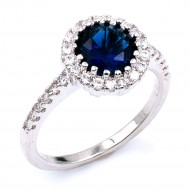 Rhodium Plated With Sapphire Blue Cubic Zirconia Wedding Rings