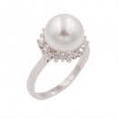 Rhodium Plated With Pearl and Clear Cubic Zirconia Wedding Engagement Rings