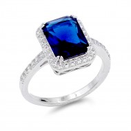 Rhodium Plated w/ Sapphire Blue Radiant CZ Engagement Rings