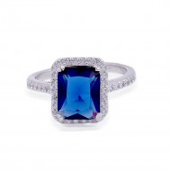 Rhodium Plated w/ Sapphire Blue Radiant CZ Engagement Rings