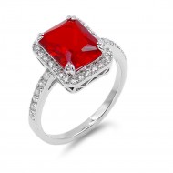 Rhodium Plated With Red Radiant CZ Engagement Ring
