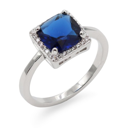 Rhodium Plated Sapphire Blue CZ Ring