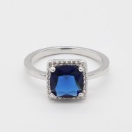 Rhodium Plated Sapphire Blue CZ Ring