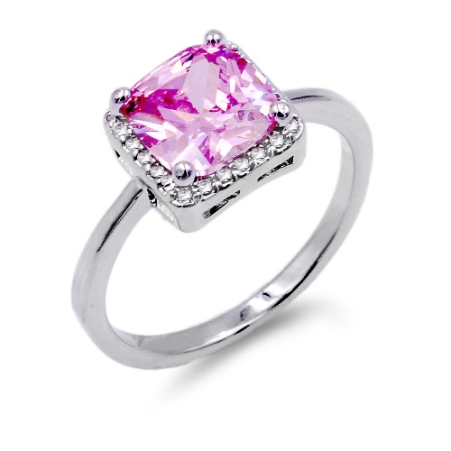 Rhodium Plated Pink Color CZ Ring