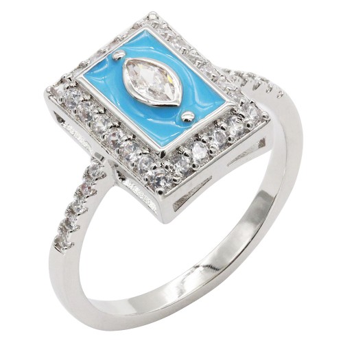Rhodium Plated with Aqua Color CZ Rings, Size 9