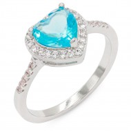 Rhodium Plated With Aqua Color CZ Sized Rings, Size 6-10