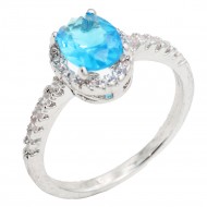 Rhodium Plated With Aqua Color CZ Engagement rings. Size 9