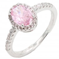 Rhodium Plated With Pink Color CZ Engagement rings. Size 5
