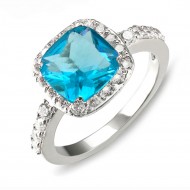 Princess Cut Aqua Blue CZ Rhodium Plated Wedding Engagement Ring