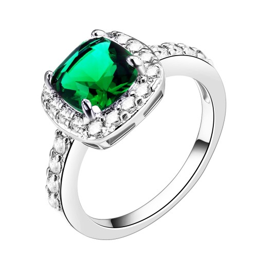 Princess Cut Green CZ Rhodium Plated Wedding Engagement Ring