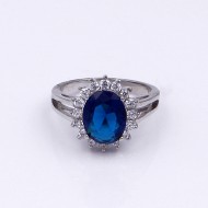 Rhodium Plated Blue Oval CZ Engagement Ring