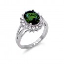 Rhodium Plated Green Oval CZ Engagement Ring