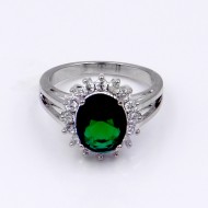 Rhodium Plated Green Oval CZ Engagement Ring