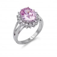 Rhodium Plated Pink Oval CZ Engagement Ring