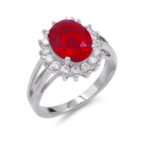 Rhodium Plated Red Oval CZ Engagement Ring