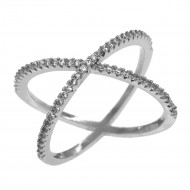 Rhodium Plated Single X CrissCross Clear CZ Fashion Statement Ring