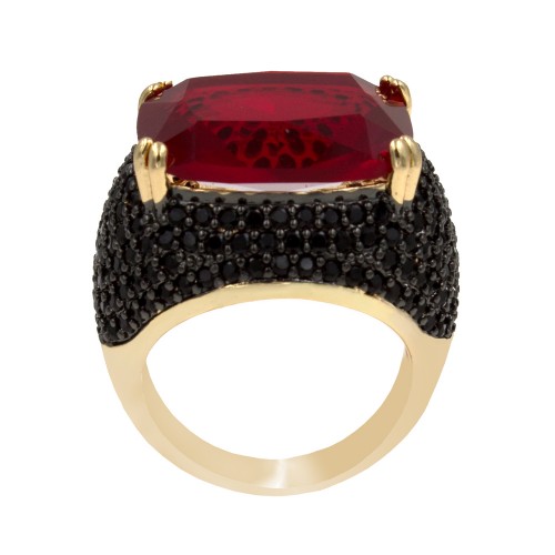 Gold Tone with Black CZ and Red Stone Cocktail Ring