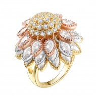 3-Tones with Clear Cubic Zirconia Floral Statement Cocktail Ring