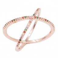 Rose Gold Plated With Multi Color CZ Cubic Zirconia Criss Cross Rings