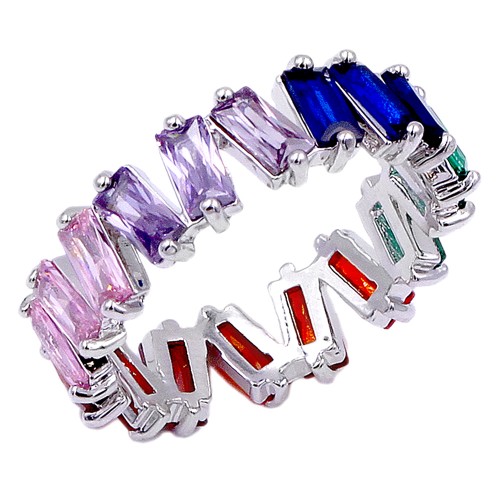 Rhodium Plated with Multi Color CZ Cubic Zirconia Eternity Rings