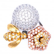 Three Tone Plated With CZ Cubic Zirconia Bee and Flower Shaped Pave Sized Ring