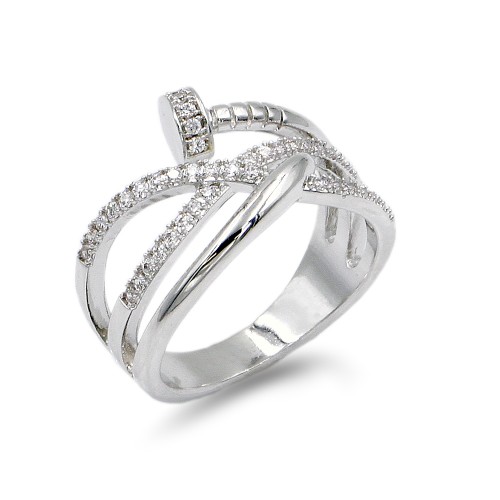 Rhodium Plated With Nail Shape Cubic Zirconia Ring