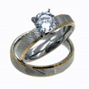 Two Tones Plating CZ Stainless Steel 2PCs Wedding Ring Set