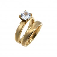 Gold Plated CZ Stainless Steel 2PCs Wedding Ring Set