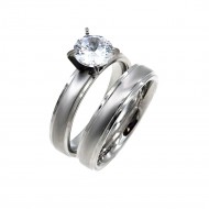 Rhodium Plated CZ Stainless Steel 2PCs Wedding Ring Set