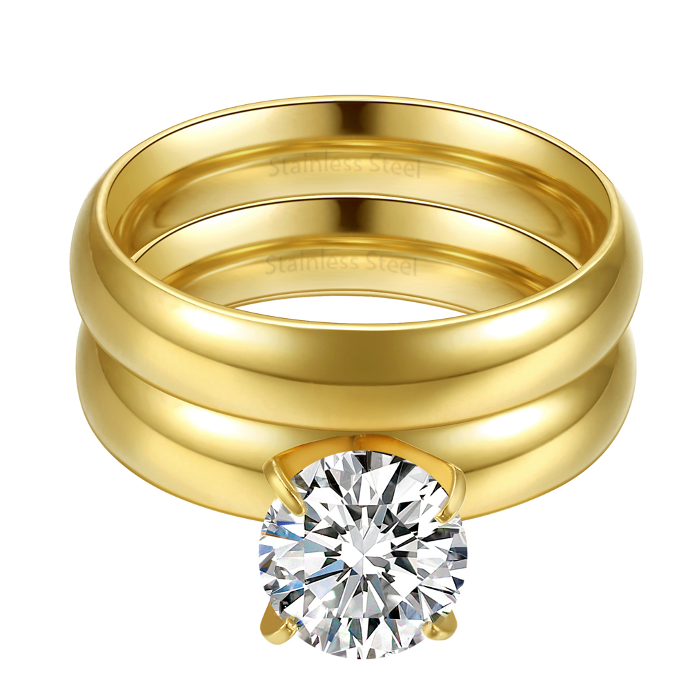 Gold Tone Cubic Zirconia Stainless Steel Engagement Ring Set