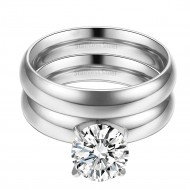 Rhodium Plated CZ Stainless Steel 2PCs Wedding Ring Set