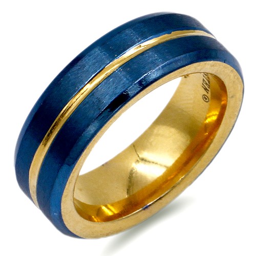 8mm Gold Plated With Blue Tone Stainless Steel Men's Ring