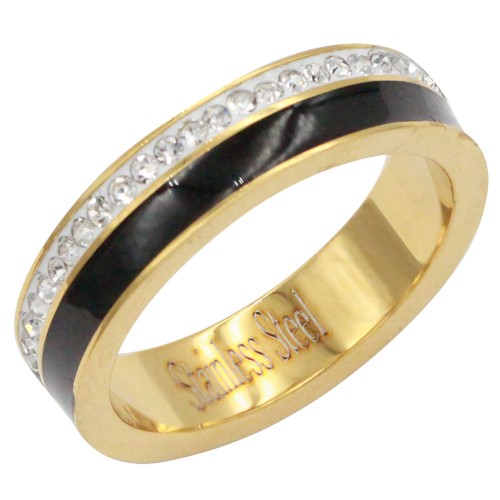 Gold Plated Stainless Steel With Clear CZ 5MM Black Rings