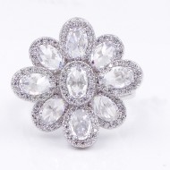 Rhodium Plated Flower Adjustable Rings with CZ