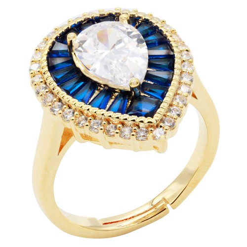 Gold Plated With Blue CZ Tear Drop Shape Adjustable Rings