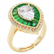 Gold Plated With Green CZ Tear Drop Shape Adjustable Rings
