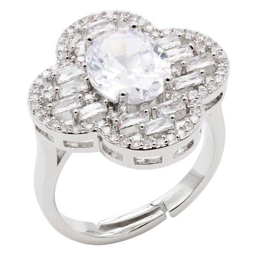 Rhodium Plated With Clear CZ Clover Adjustable Rings