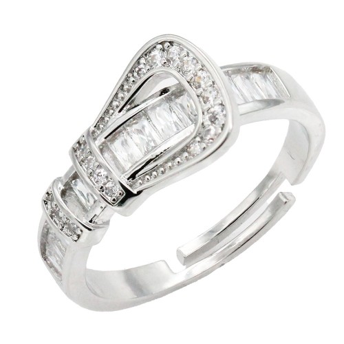 Rhodium Plated With Clear CZ Adjustable Buckle Rings