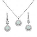 925 Sterling Silver Rhodium Plated Necklace and Earrings Sets with Round White Opal and Clear Cubic Zirconia CZ Stones and Italian Box Chain for Women