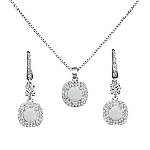 925 Sterling Silver Rhodium Plated Necklace and Earrings Sets with Round White Opal and Clear Cubic Zirconia Stones and Italian Box Chain for Women