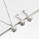 925 Sterling Silver Rhodium Plated Necklace and Earrings Sets with Round White Opal and Clear Cubic Zirconia Stones and Italian Box Chain for Women