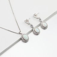 925 Sterling Silver Rhodium Plated Necklace and Earrings Sets with Oval White Opal and Clear Cubic Zirconia CZ Stones and Italian Box Chain for Women