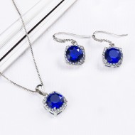 Rhodium Plated with Sapphire Blue Sqaure CZ Neckalce and Earring Set