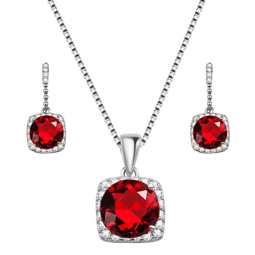 Rhodium Plated with Ruby Red Sqaure CZ Neckalce and Earring Set