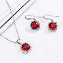 Rhodium Plated with Ruby Red Sqaure CZ Neckalce and Earring Set
