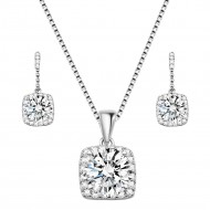 Rhodium Plated with Clear Sqaure CZ Neckalce and Earring Set